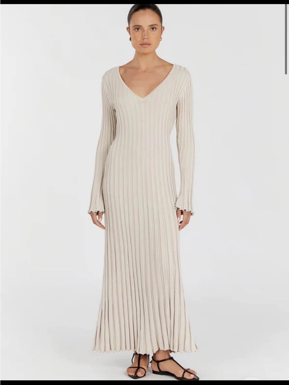DISSH Ribbed V-Neck Maxi Dress in Beige-Cream